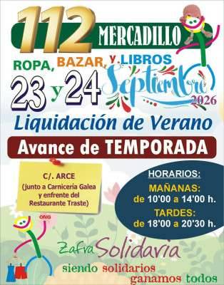 Cartel del 112º Mercadillo Solidario de Zafra Solidaria los días 23 y 24 de septiembre de 2026