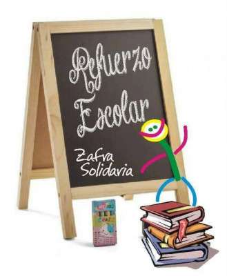 Cartel de Refuerzo Escolar de Zafra Solidaria con pizarra, libros y material educativo