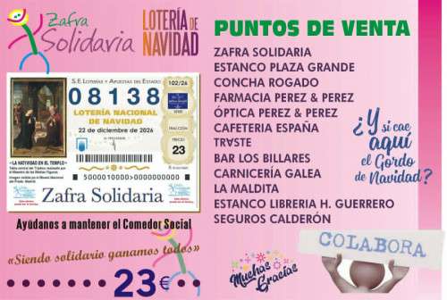 Cartel de la Lotería de Navidad 2026 de Zafra Solidaria con el número 08138 y los puntos de venta.