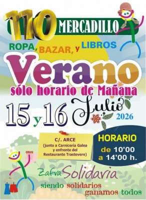Cartel del 110º Mercadillo Solidario de Zafra Solidaria de verano, los días 15 y 16 de julio.