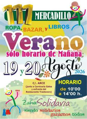 Cartel del 111º Mercadillo Solidario de Verano de Zafra Solidaria los días 19 y 20 de agosto de 2026 en horario de mañana.