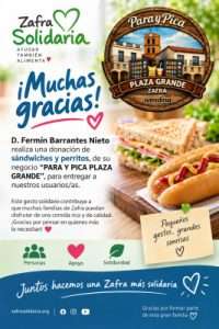 Donación de Para y Pica Plaza Grande a Zafra Solidaria de sándwiches y perritos
