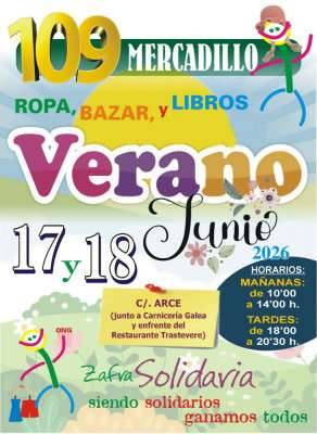 Cartel del Mercadillo Solidario 109 de Zafra Solidaria, especial verano, con ropa, bazar y libros los días 17 y 18 de junio de 2026.