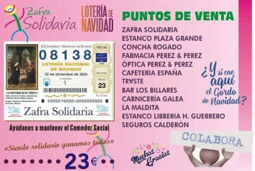 Cartel de la Lotería de Navidad 2026 de Zafra Solidaria con el número 08138 y los puntos de venta.