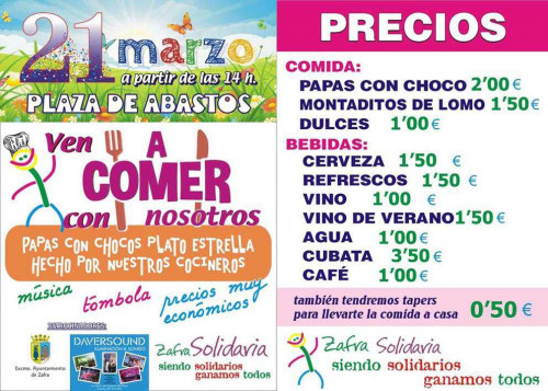 Cartel del evento solidario Ven a comer con nosotros organizado por Zafra Solidaria en la Plaza de Abastos de Zafra.