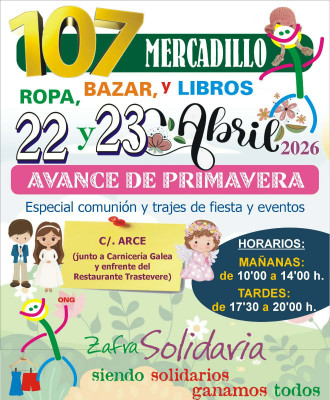 Cartel 107 mercadillo solidario Zafra Solidaria abril 2026 ropa bazar libros comunión