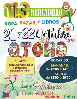 Mercadillo Solidario de Otoño de Zafra Solidaria celebrado los días 21 y 22 de octubre de 2026 con una recaudación de 3.998,90 euros.